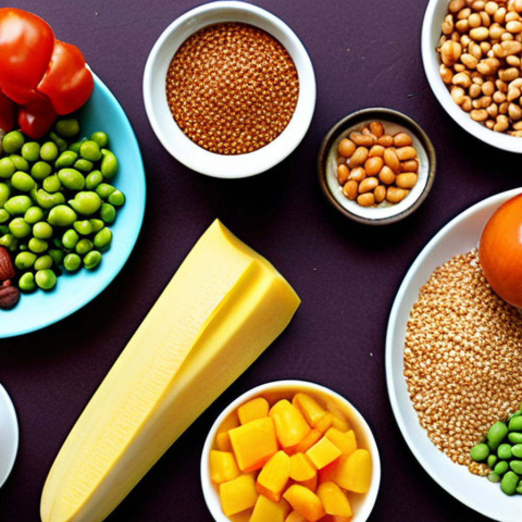 **

A vibrant, colorful plate of food showcasing various fiber-rich foods like vegetables, fruits, whole grains, and legumes. Focus on the visual appeal of a "fiber buffet" for gut bacteria. Include subtle artistic elements to suggest the health benefits and anti-inflammatory properties of these foods on the gut.

**