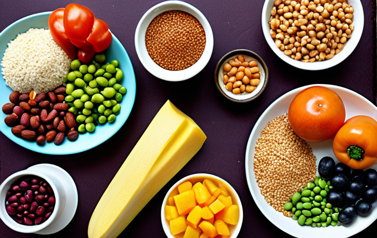 **
A vibrant, colorful plate of food showcasing various fiber-rich foods like vegetables, fruits, whole grains, and legumes. Focus on the visual appeal of a "fiber buffet" for gut bacteria. Include subtle artistic elements to suggest the health benefits and anti-inflammatory properties of these foods on the gut.
**