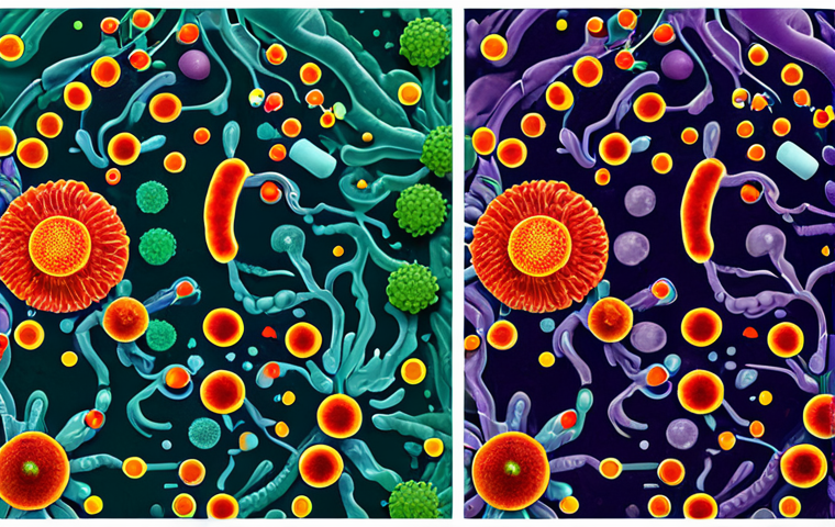 마이크로바이옴과 알레르기 반응의 연관성 - The Inner Universe - A Thriving Microbiome City**

"A breathtaking, hyper-realistic macro shot of an...