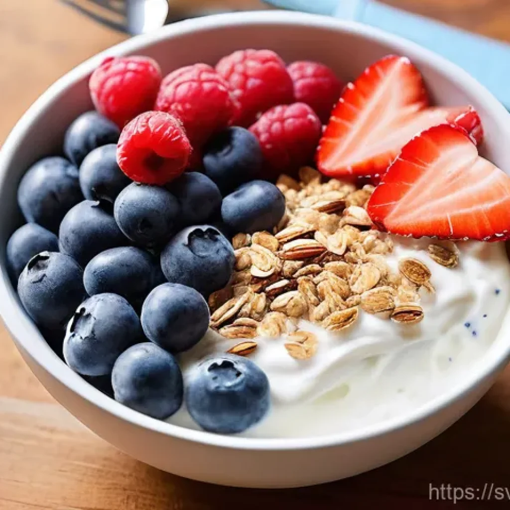 마이크로바이옴을 위한 스낵 아이디어 - **Vibrant Gut-Friendly Breakfast Bowl:** A beautifully styled, close-up shot of a creamy, natural yo...