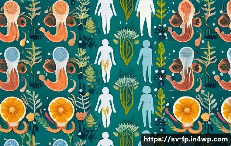 마이크로바이옴과 생리적 변화의 영향 - A detailed, scientific-style illustration of the human gut microbiome interacting with hormonal fluc...