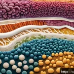 Home 23 마이크로바이옴 건강과 개인의 질병 이력 - A detailed, vibrant cross-section illustration of the human gut microbiome ecosystem, showing a dive...