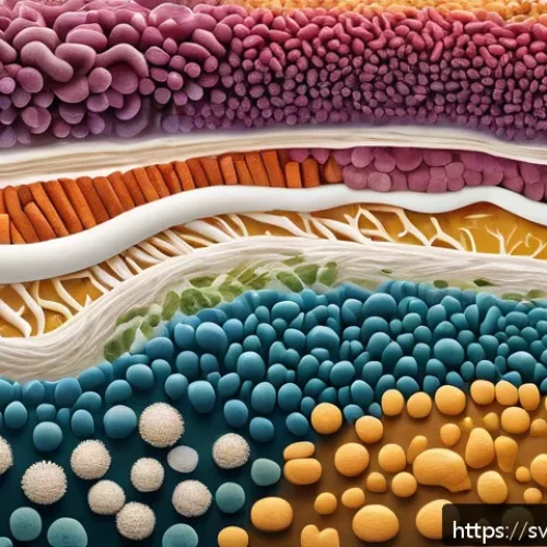 Home 17 마이크로바이옴 건강과 개인의 질병 이력 - A detailed, vibrant cross-section illustration of the human gut microbiome ecosystem, showing a dive...