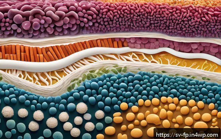 마이크로바이옴 건강과 개인의 질병 이력 - A detailed, vibrant cross-section illustration of the human gut microbiome ecosystem, showing a dive...
