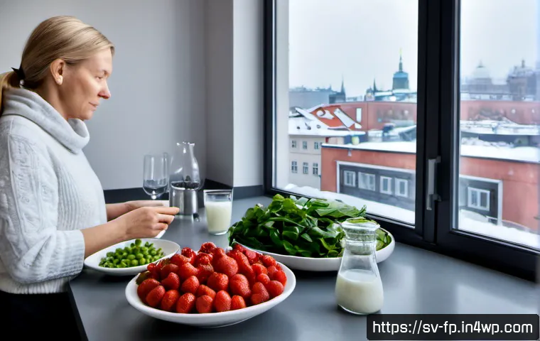 Home 17 마이크로바이옴과 미세먼지의 영향 - Photorealistic Nordic kitchen in Stockholm, Swedish middle-aged woman preparing fresh vegetables bes...
